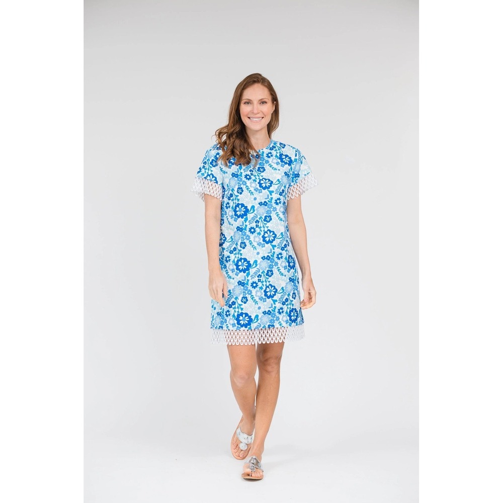 Sail to Sable Hydrangea Print Blue Floral Crochet Lace Trim Shift Dress Size 6